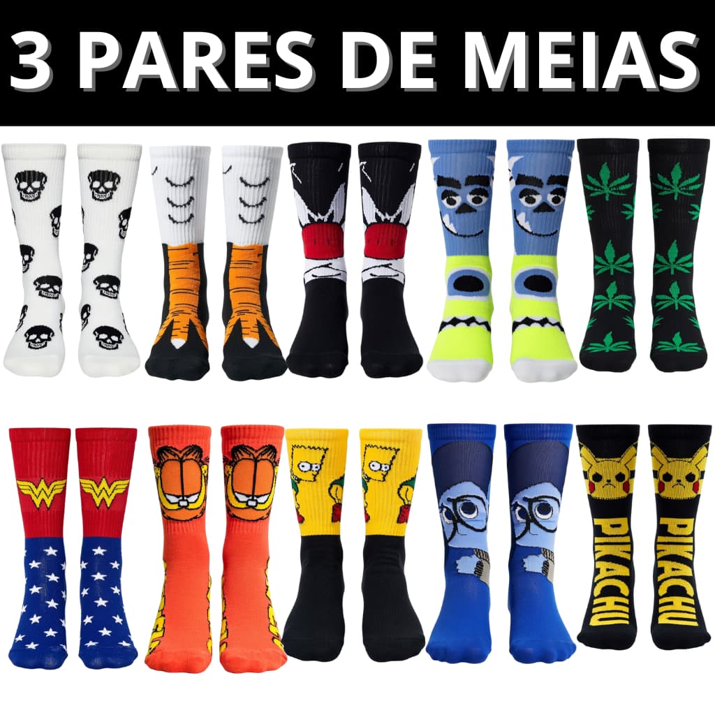 Kit 3 Pares de Meias Divertidas Cano Longo Personagens Meninas Super Poderosas Academia Corrida Bike