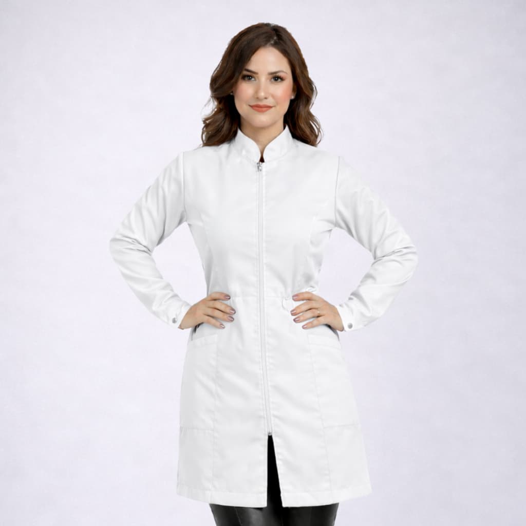 Jaleco Feminino Acinturado Manga Longa Oxford Profissional Saúde Com Zíper 100% Poliéster
