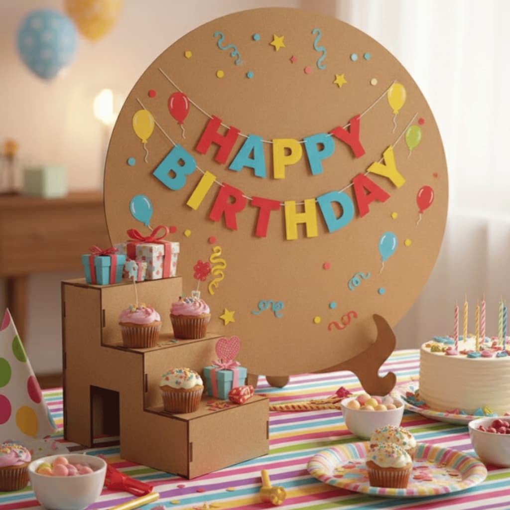 Painel Decorativo Redondo em MDF Cru 50cm com Base de Apoio, Kit para Festa e Cenário com Escadinha