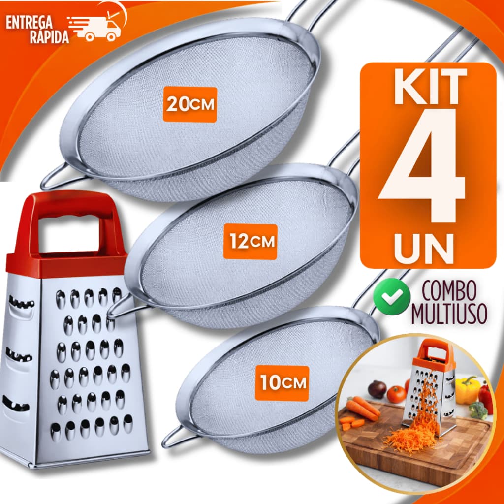 Conjunto 4 Peças 1 Ralador + 3 Peneiras Inox 20+12+10 cm Casa Cozinha Lanchonete Ralador Peneira