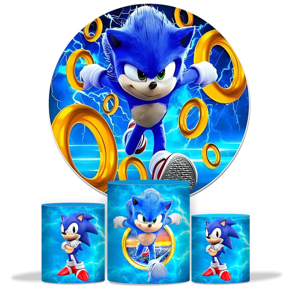 Kit Decoração Festa Infantil Sonic Painel Redondo + Capas de Cilindros Aniversário Completa Premium Varios Temas