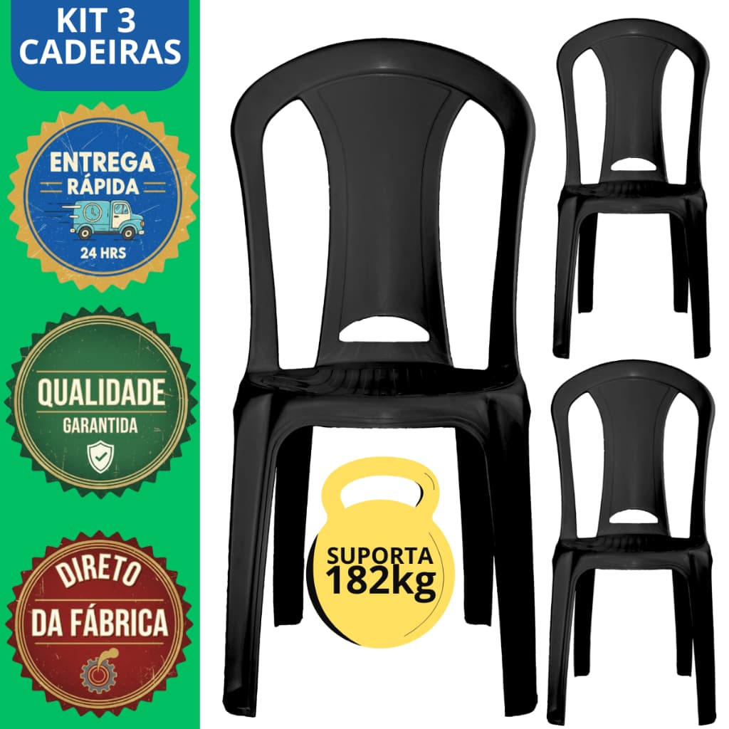 Kit 3 Unidades Cadeira 182kg Plástico Preta Sala Cozinha Bar Resistente Jogo Bistrô Rio Cadeiras