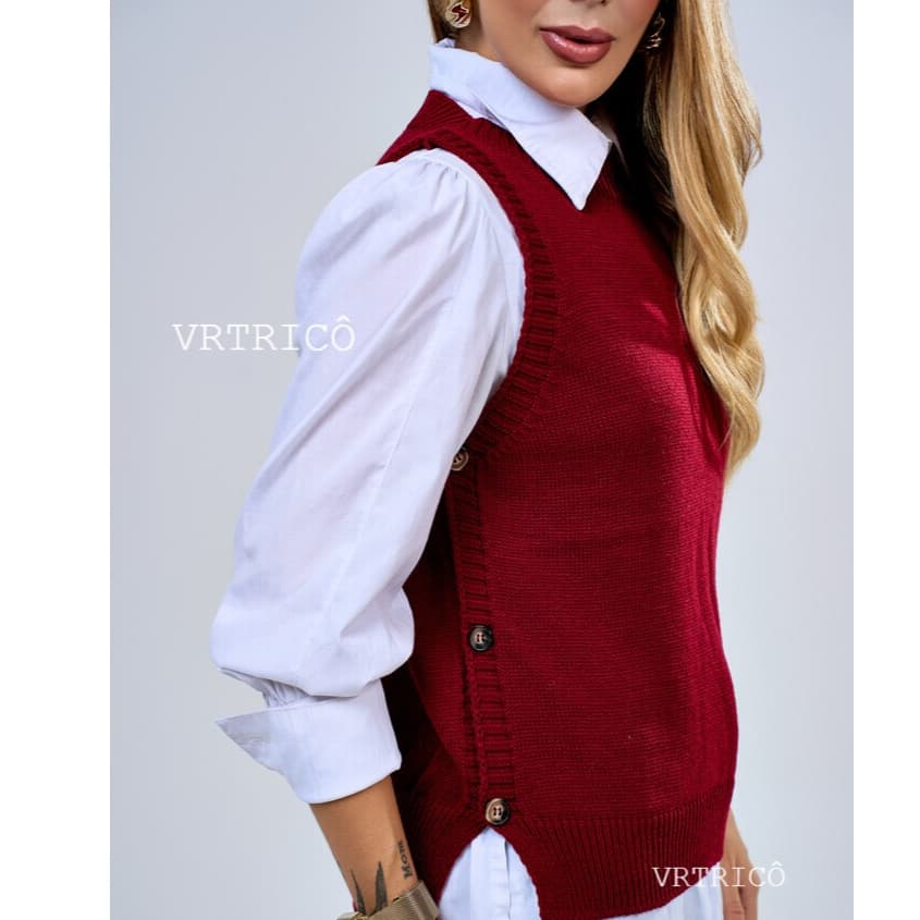Colete Tricot Feminino Inverno Lã Casual Com Botões Blusa de Frio Fashion Escritório Chique