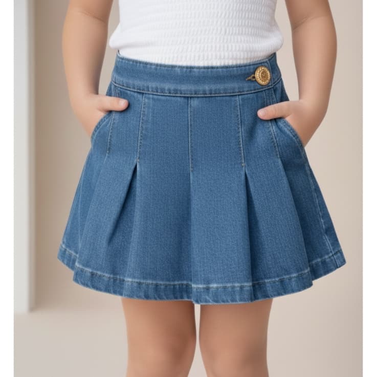 Short Saia Jeans Menina Com Botão Colegial Plissado Passeio Parque Casual Blogueira Moda Infantil Luxo Delicado Premium