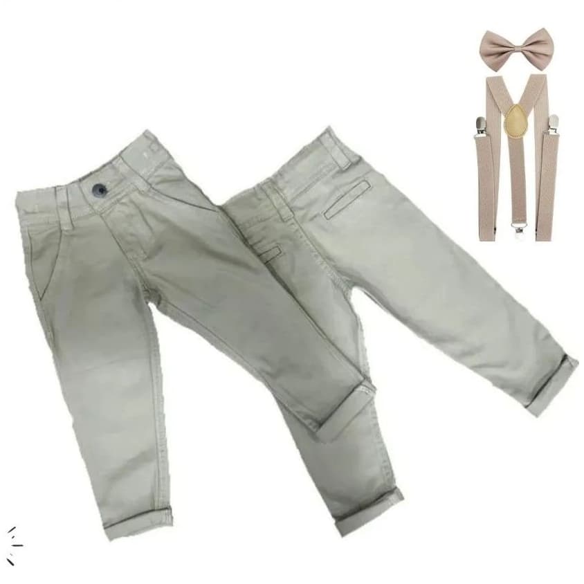 Kit Calça Bege Bolso Faca Infantil Gravata Suspensório Bege