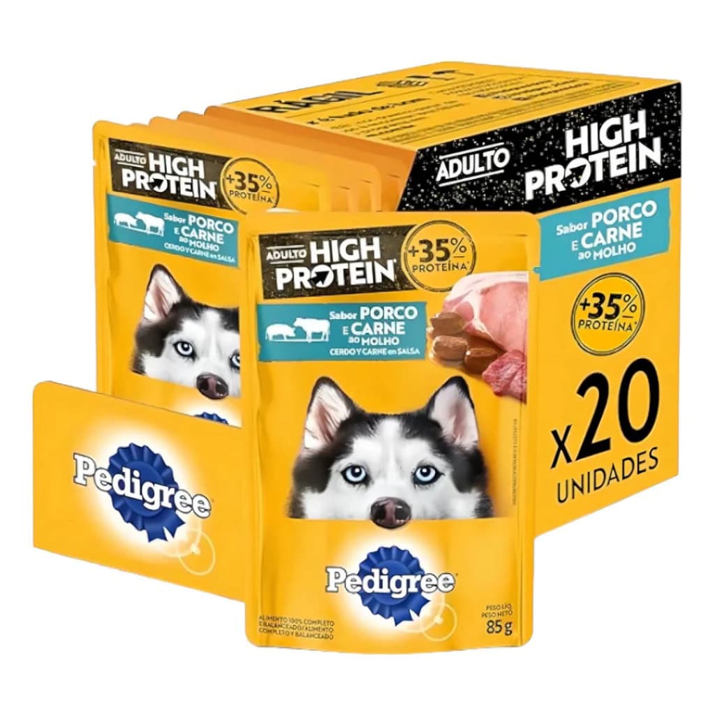 Ração Úmida Pedigree High Protein Kit Sachê Cães Adultos Carne e Porco Ao Molho 85g