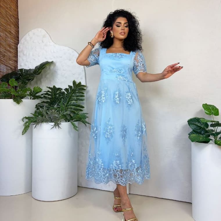 Vestido Feminino Midi Tule Bordado Elegante Moda Evangélica Festa Casamento