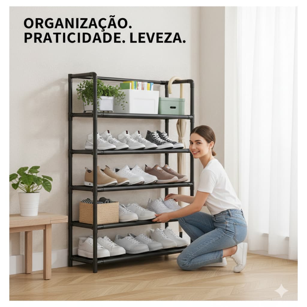 Sapateira Organizadora de Sapatos 5 Prateleiras Preta Estante Multiuso Vertical Prática para Quarto Closet Lavanderia Re