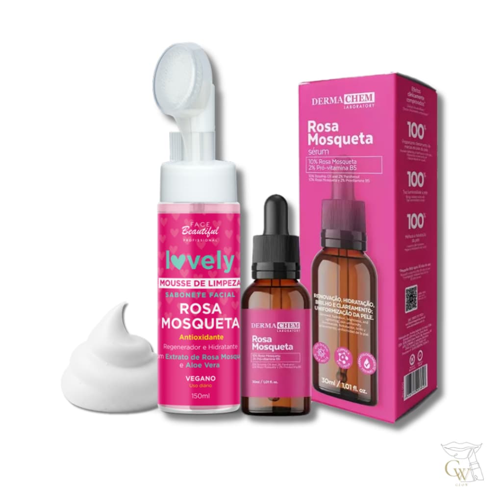 Kit Skincare Mousse Rosa Mosqueta + Sérum Dermachem Hidratante Clareador Antioxidante Facial