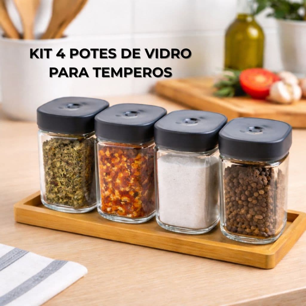 Kit 4 Potes Porta Tempero de Vidro Com Tampa Giratória Dosadora Saleiro Pimenteiro