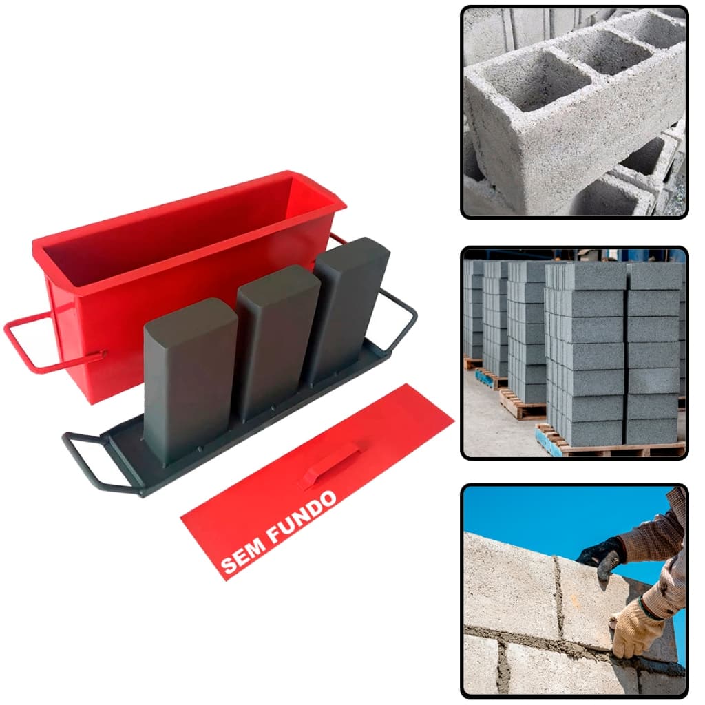 Forma manual para Bloco de concreto 09 3 furos SEM FUNDO vazado feita em aço carbono