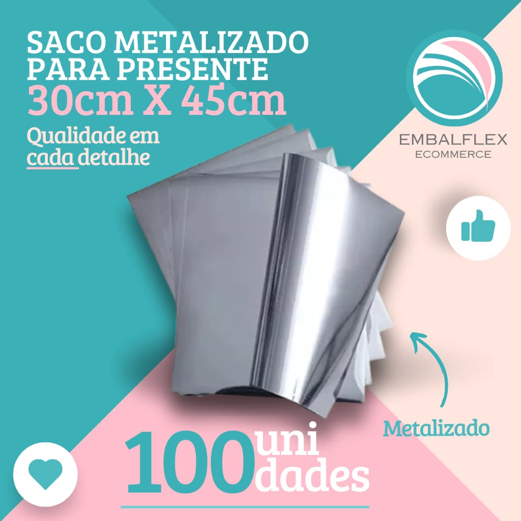 Embalagem Para Presente Metalizado 30cmx45cm C/ 100 Unidades - Laços não inclusos