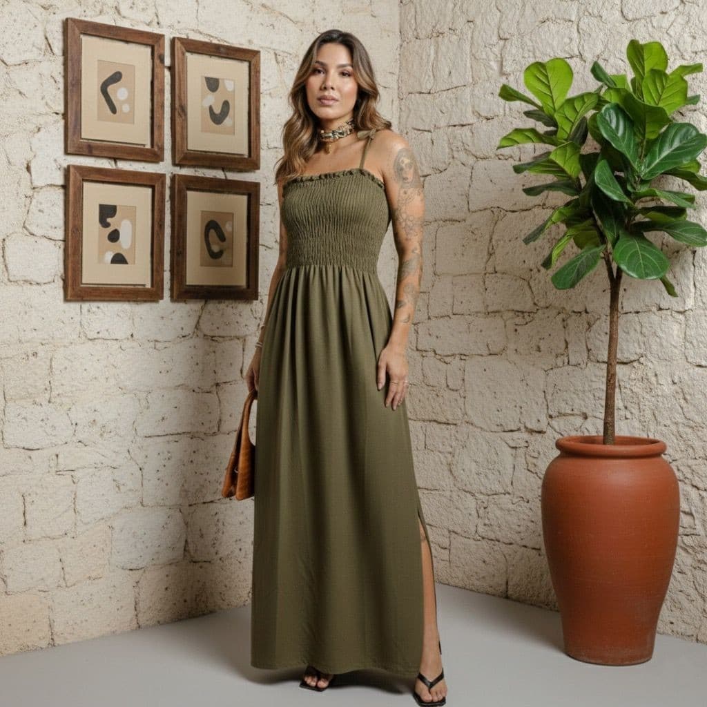 Vestido Longo Feminino Lastex Casual de Alça Regulável Fenda Promoção Barato