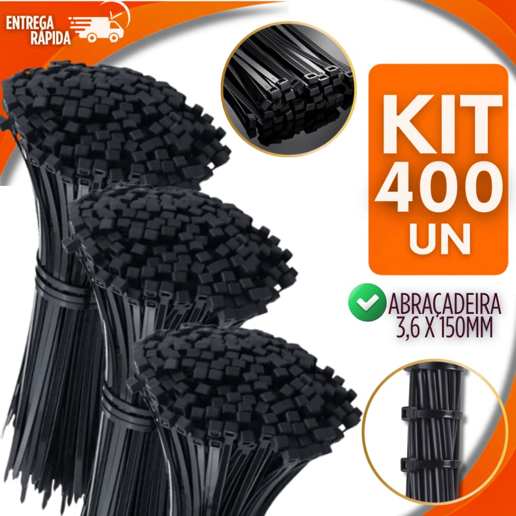 Jogo 400 Abraçadeira Nylon Cinta Plástica Enforca Gato 3,6 x 150mm Fixação Cabos Fios Abraçadeiras