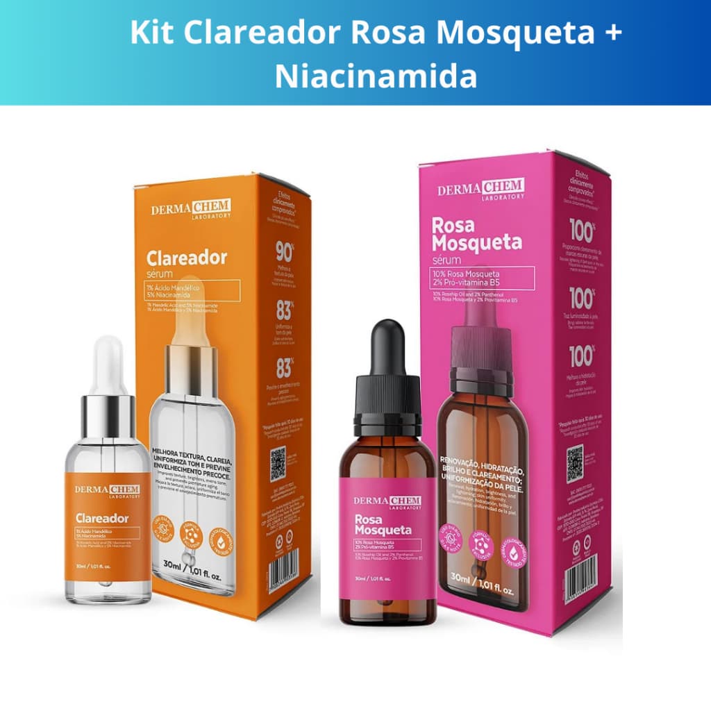Kit Sérum Clareador De Manchas Rosto Mais Rosa Mosqueta Niaciamida Melasma Uniformiza Pele Clareia Manchas