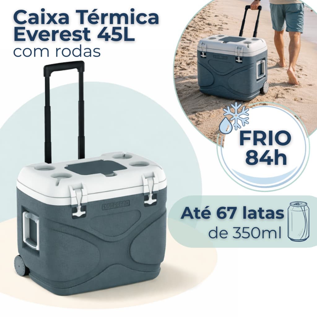 Caixa Térmica Cooler Grande 45 Litros Com Rodas Reforçadas e Alça Everest Soprano