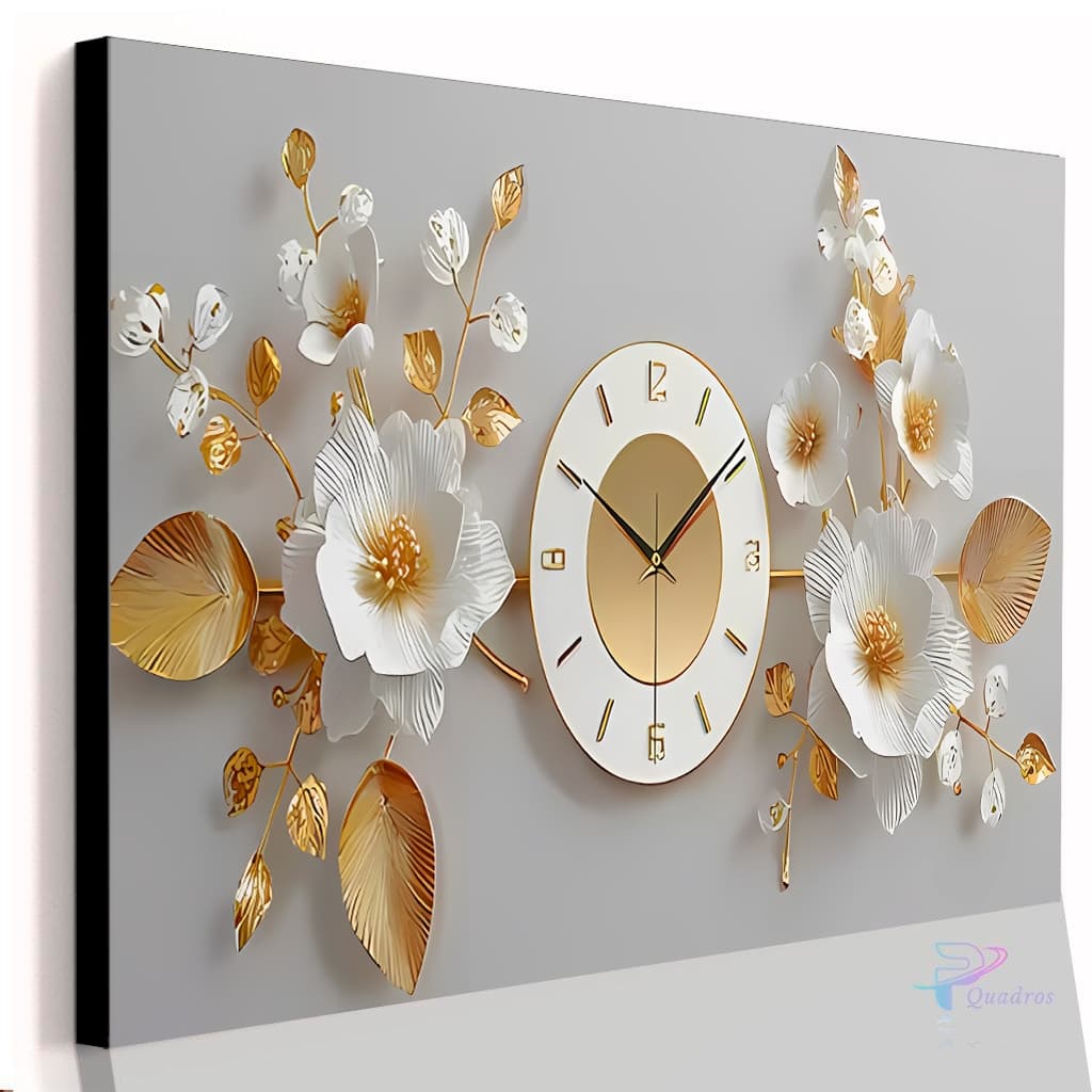 Quadro Decorativo Abstrato Relógio e Folhas Douradas e Branco Casa Sala Quarto Parede Decoração