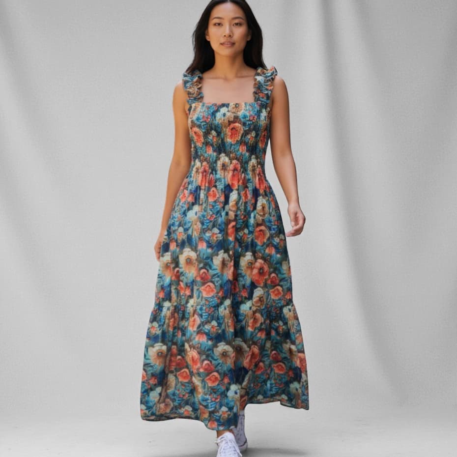 Vestido Longo Feminino Estampa 3D Floral Lastex No Busto Verão Boho Chic