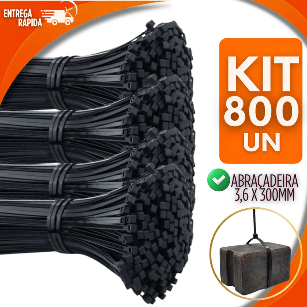 Conjunto 800 Abraçadeiras Nylon Cinta Plástica Enforca Gato 3.6 x 300mm Fixação Organização Fios