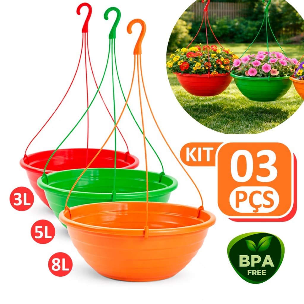 Kit 3 Vasos Cuia Para Plantas Suspensas Hastes Gancho Pendurar Orquídeas Plantas Jardim Varanda