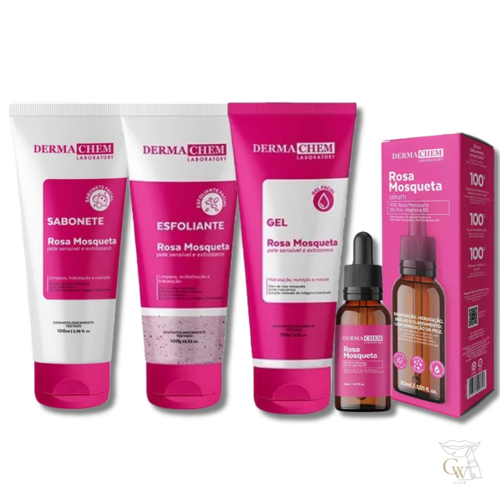 Kit Skincare Rosa Mosqueta Dermachem Completo Sabonete + Esfoliante + Gel + Sérum Facial
