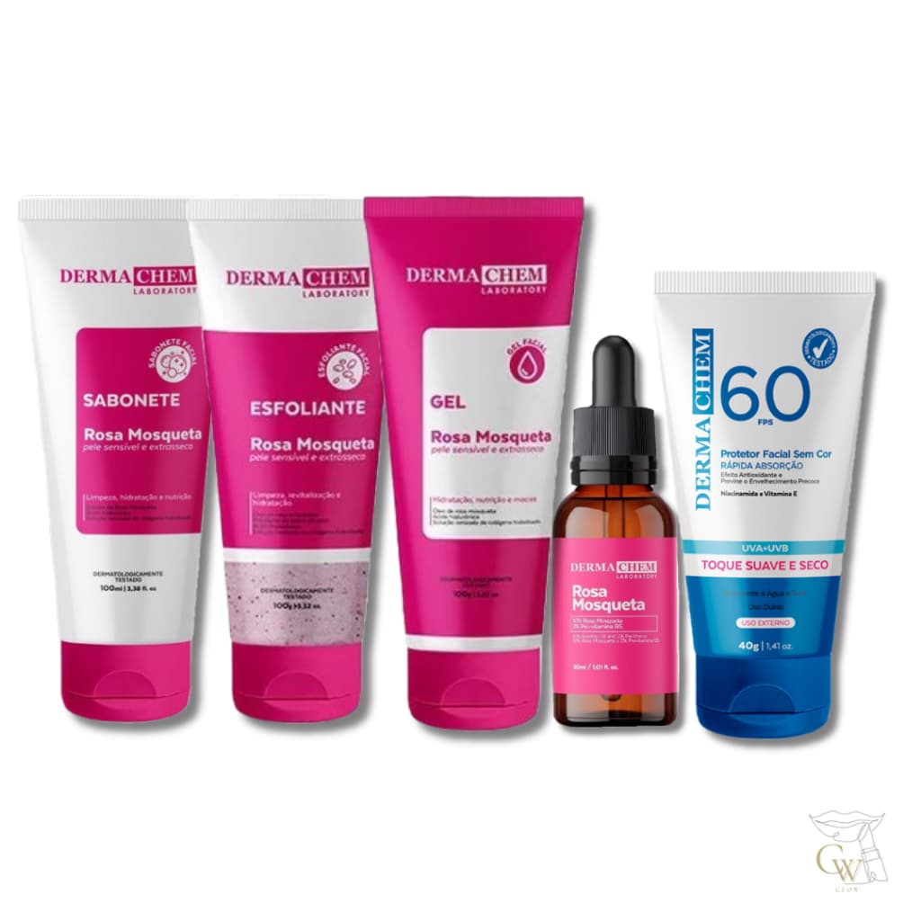 Kit Skincare Rosa Mosqueta Dermachem Completo + Protetor Solar FPS 60 Rotina Facial