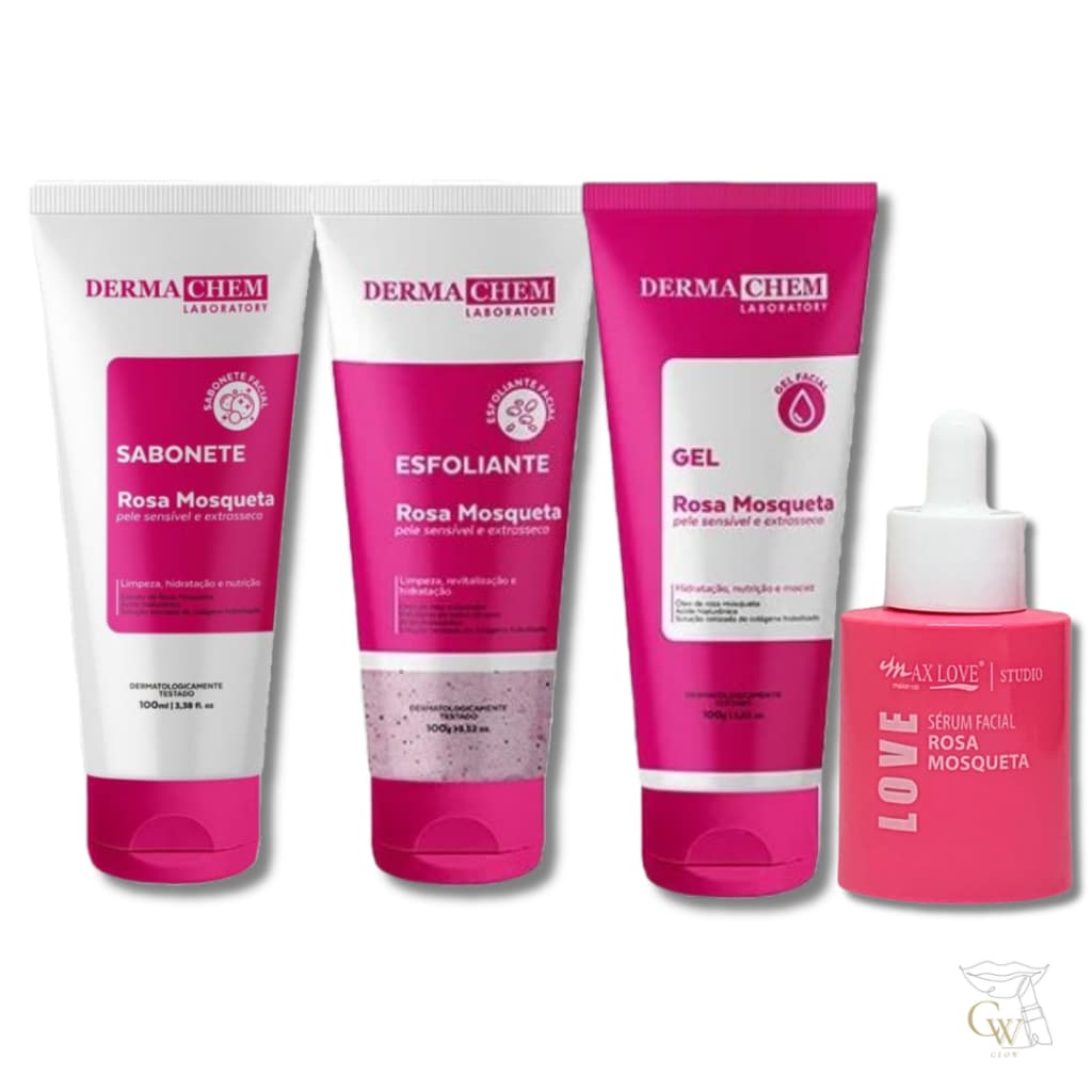 Kit Skincare Rosa Mosqueta Sabonete + Esfoliante + Gel Dermachem + Sérum Facial Max Love