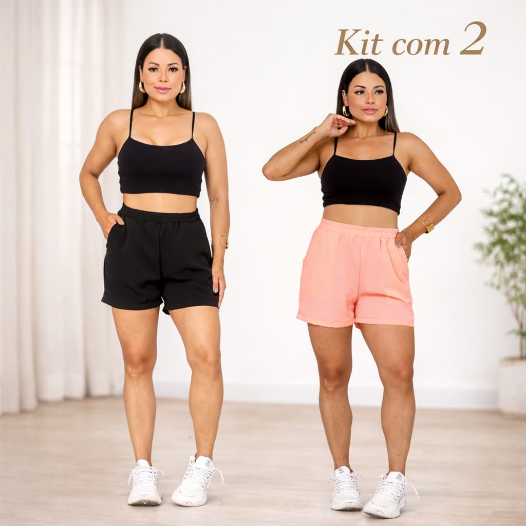 Kit com 2 Shorts Femininos Crepe Cintura Alta Confortáveis para o Dia a Dia