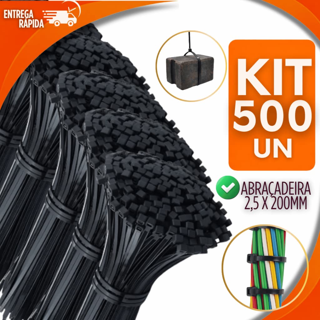Jogo 500 Abraçadeira Nylon Cinta Plástica Enforca Gato 2.5 X 200mm Fixação Cabos Fios Abraçadeiras