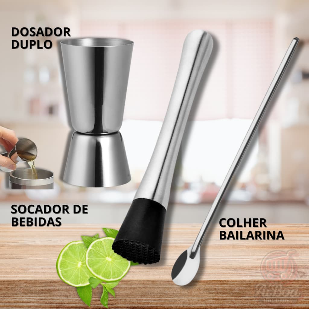 Kit Bar Profissional Inox – Dosador Duplo, Socador de Bebidas, Colher Bailarina | Drinks Perfeitos em Casa