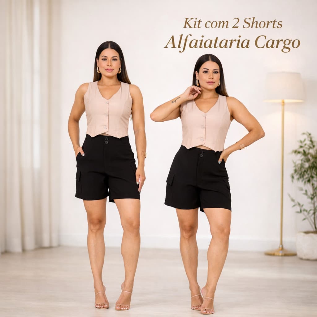 Kit 2 Shorts Cargo Alfaiataria Feminino Cintura Alta Elegante Com Bolsos Moderno