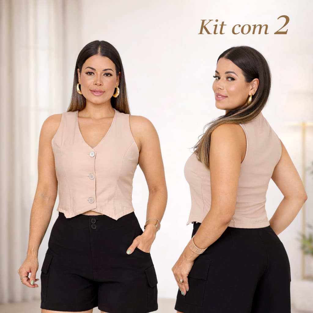 Kit 2 Coletes Femininos Alfaiataria Regata Gola V Forrado com Botões