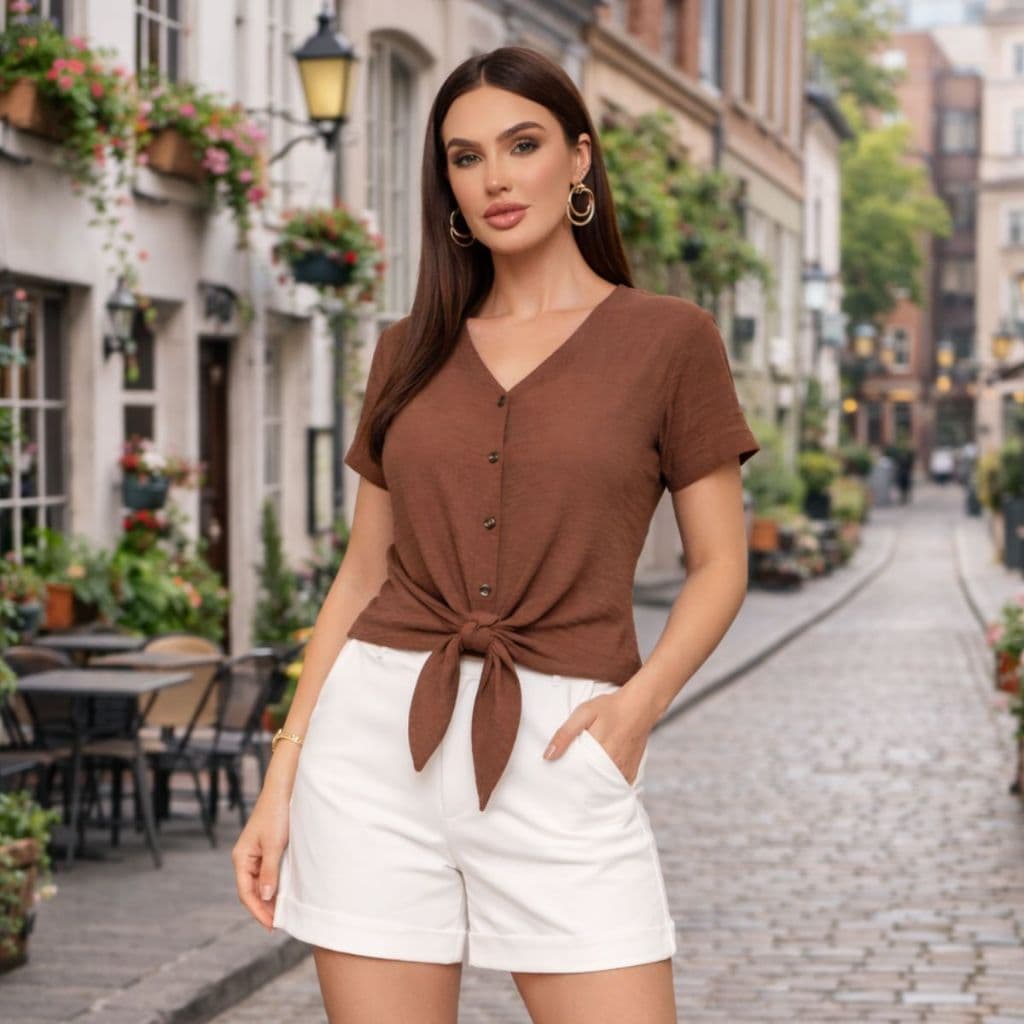 BLUSA FEMININA COM BOTAO CAMISA LACO MANGA CURTA AMARRACAO