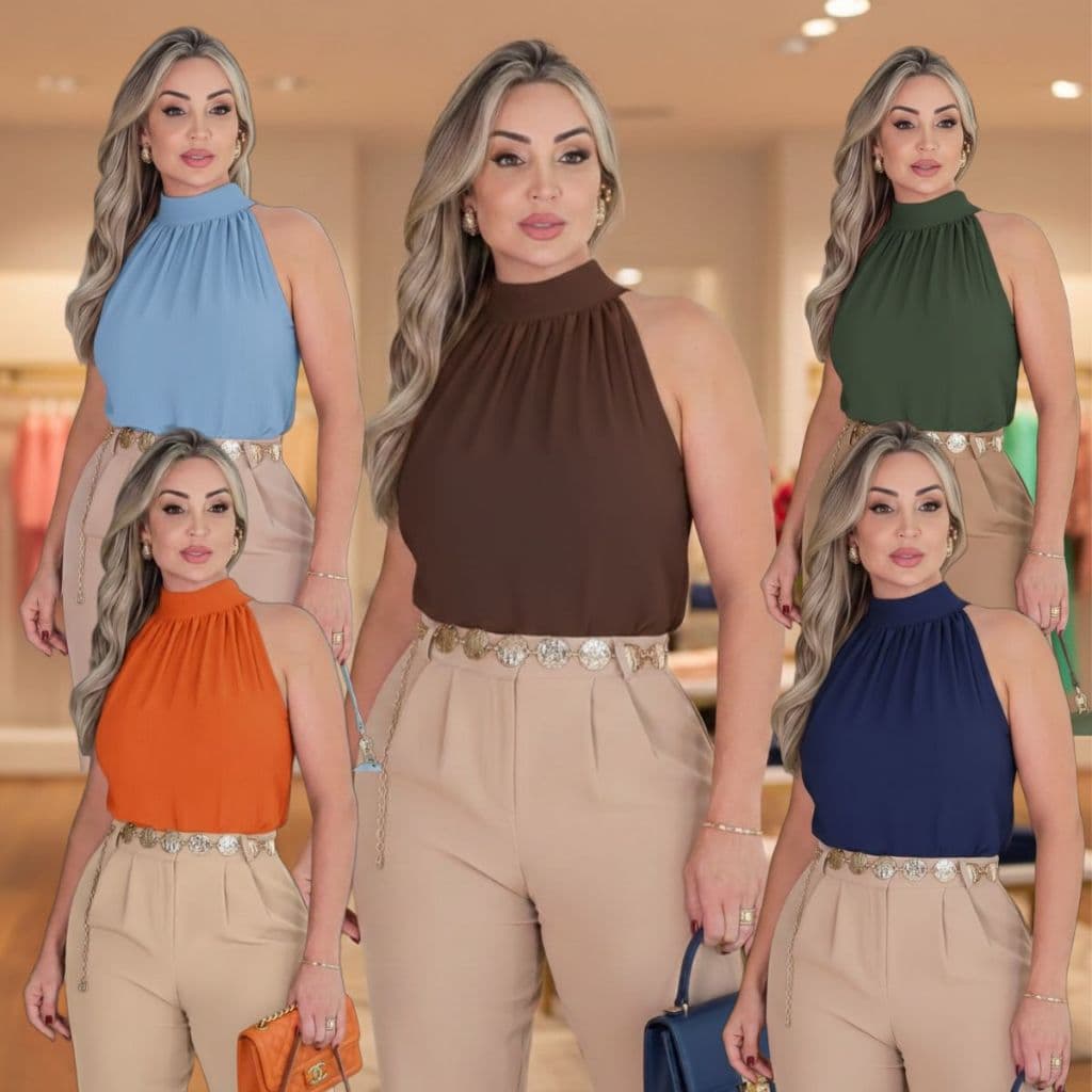 Blusa Elegante Social Gola Alta Tecido Duna