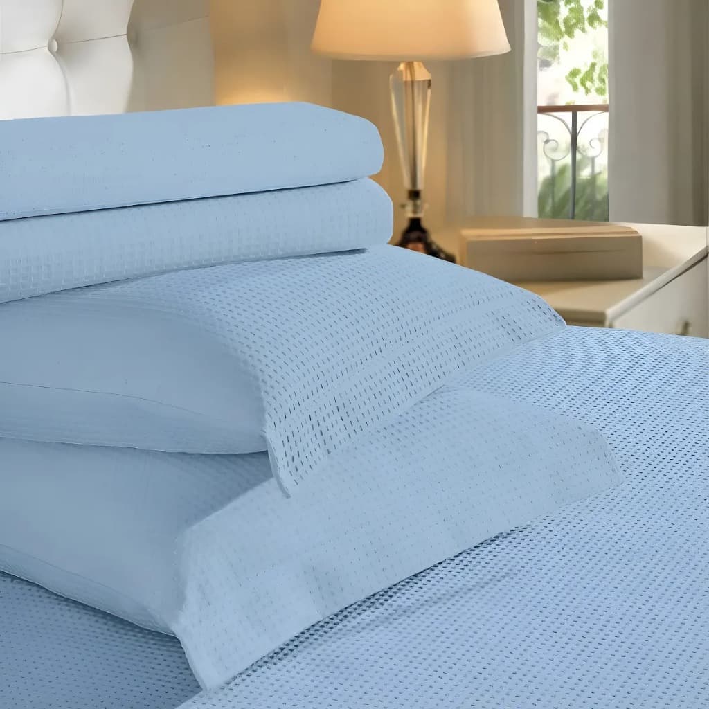 Kit Colcha 3pçs King Azul Teka Genova 100%algd Azul-aço Lisa