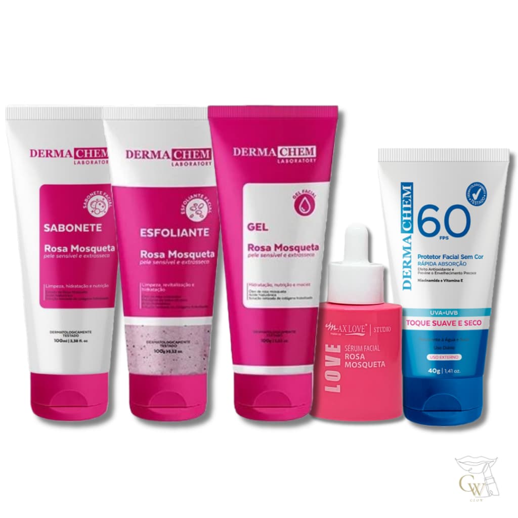 Kit Skincare Rosa Mosqueta Completo Rotina Facial + FPS 60 Dermachem e Max Love