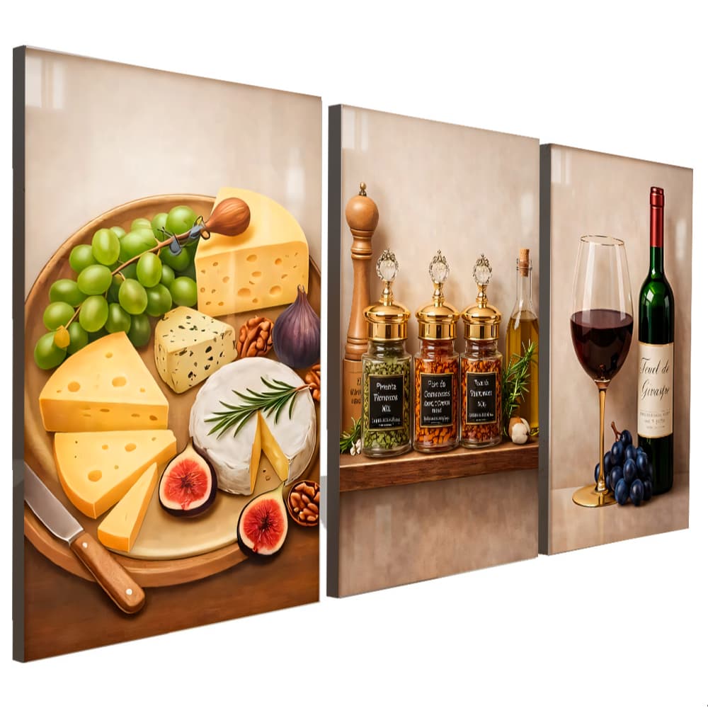 Quadros Decorativos 3 Peças Temperos e Queijo Ghurmet Vinho Casa Sala Quarto Decoração Hall