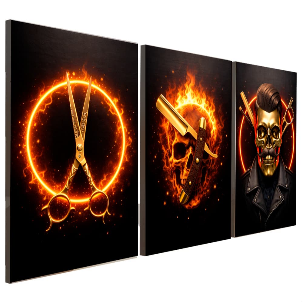 Quadros Decorativos 3 Peças Barbeiro Tesoura Navalha de Fogo Barbearia Corte Cabelo Casa Sala Quarto Decoração Hall