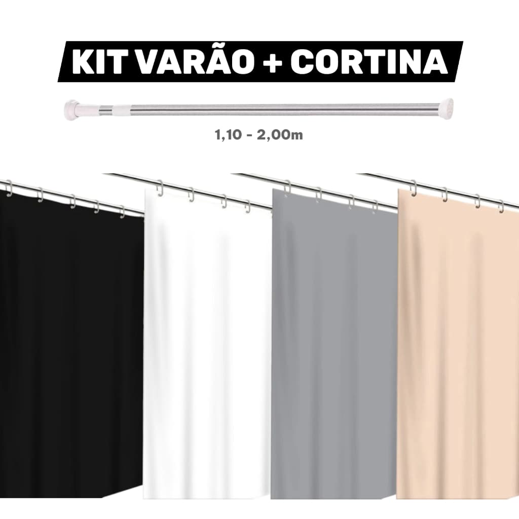 Kit Varão para Cortina de Banheiro Box Pvc Suporte Alumínio 2 Metros Bastão 1,10m até 2,00m