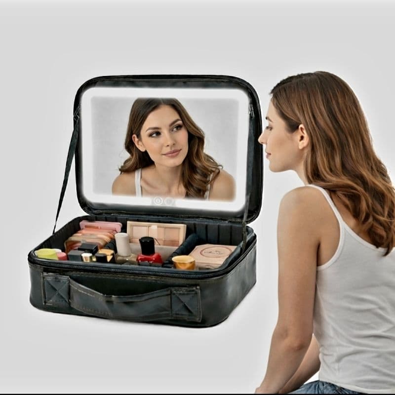 Necessaire Com Alça Espelho Portátil Para Maquiagens e Cosméticos