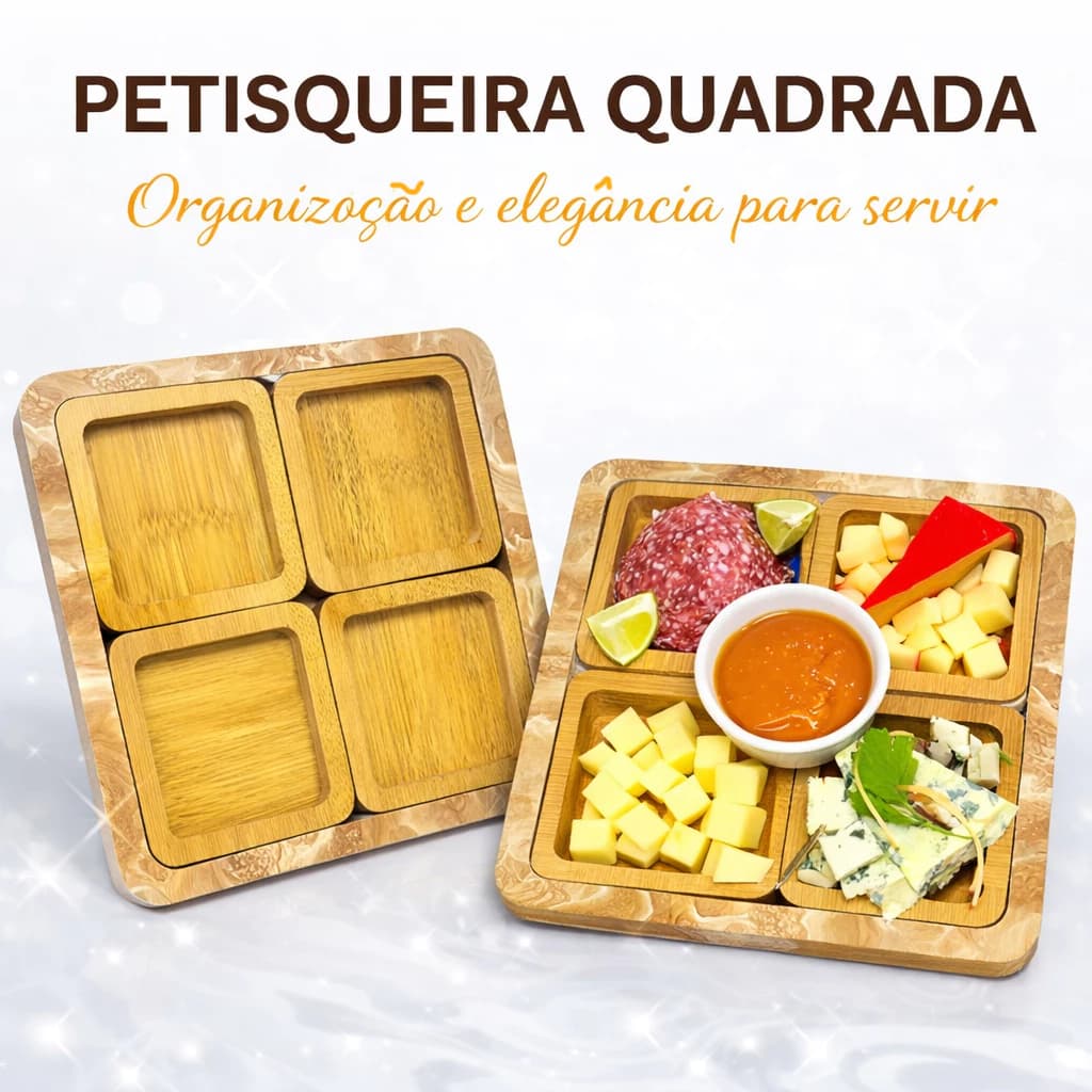 Petisqueira Quadrada com 4 Divisórias em MDF | Base Amadeirada para Petiscos, Queijos e Frios