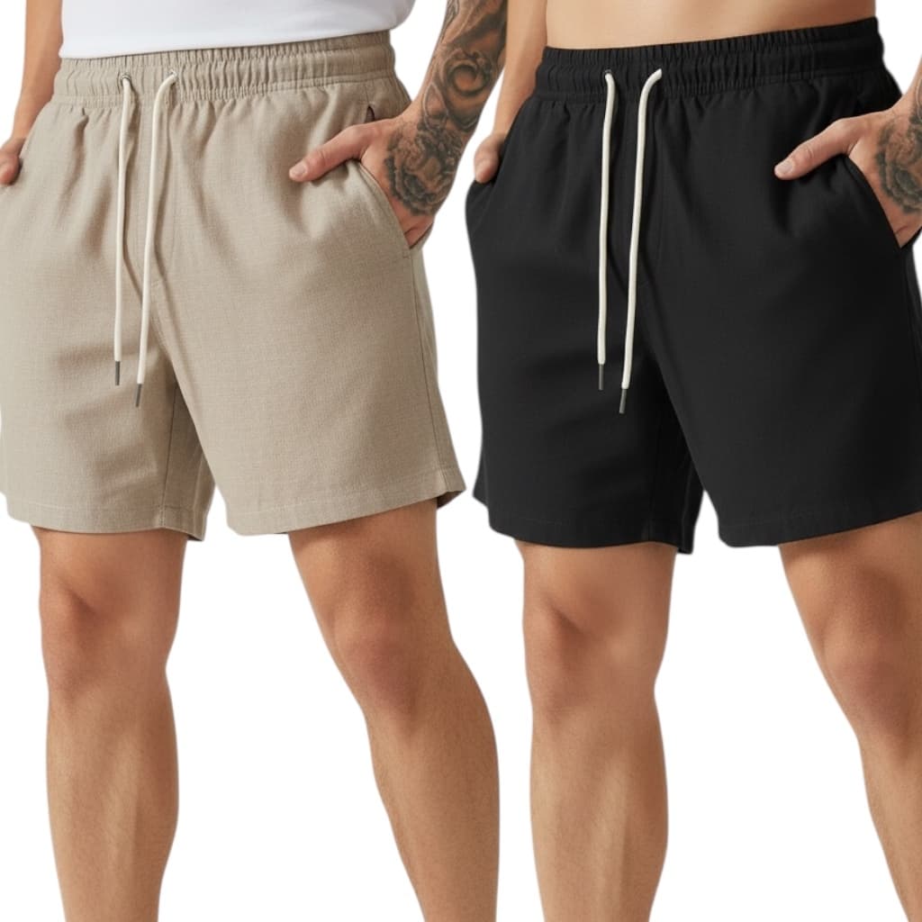 Kit 2 Shorts Masculinos de Linho Premium Tecido de Linho com Bolso Traseiro Embutido