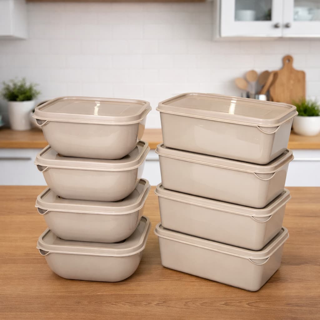 Kit com 8 Potes Plásticos – 4 Quadrados BEGE + 4 Retangulares | 1 Litro | BPA Free