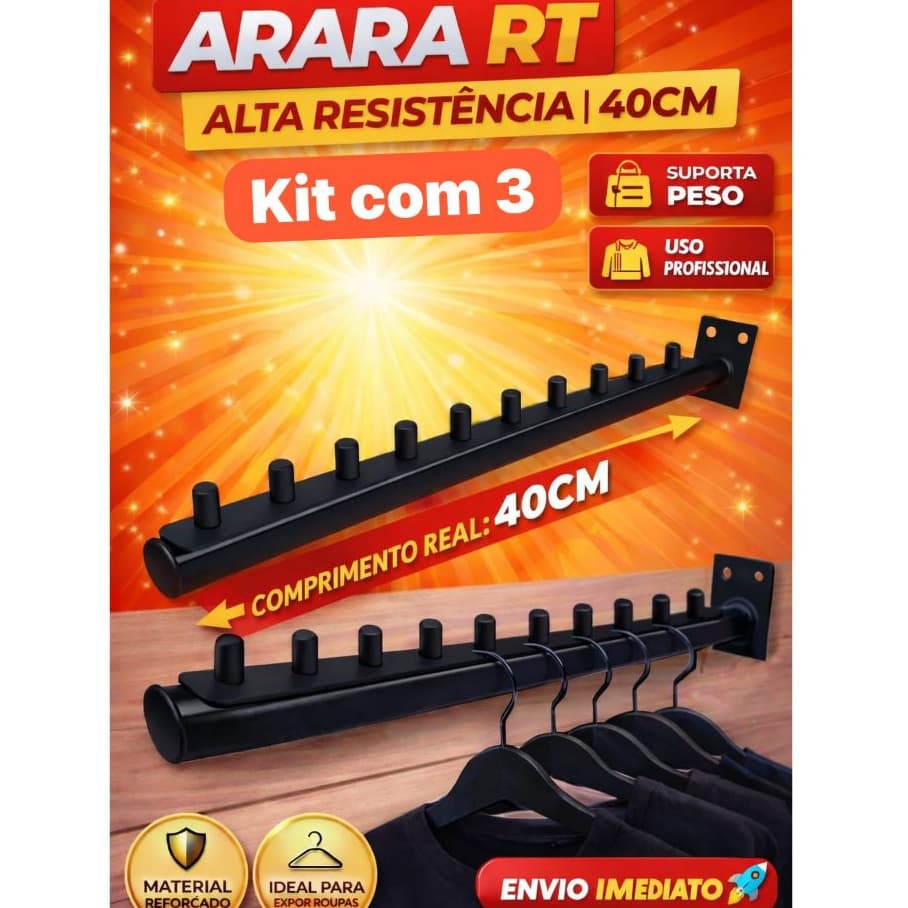 Arara Cabideiro Parede PRETO Reto Kit com 3