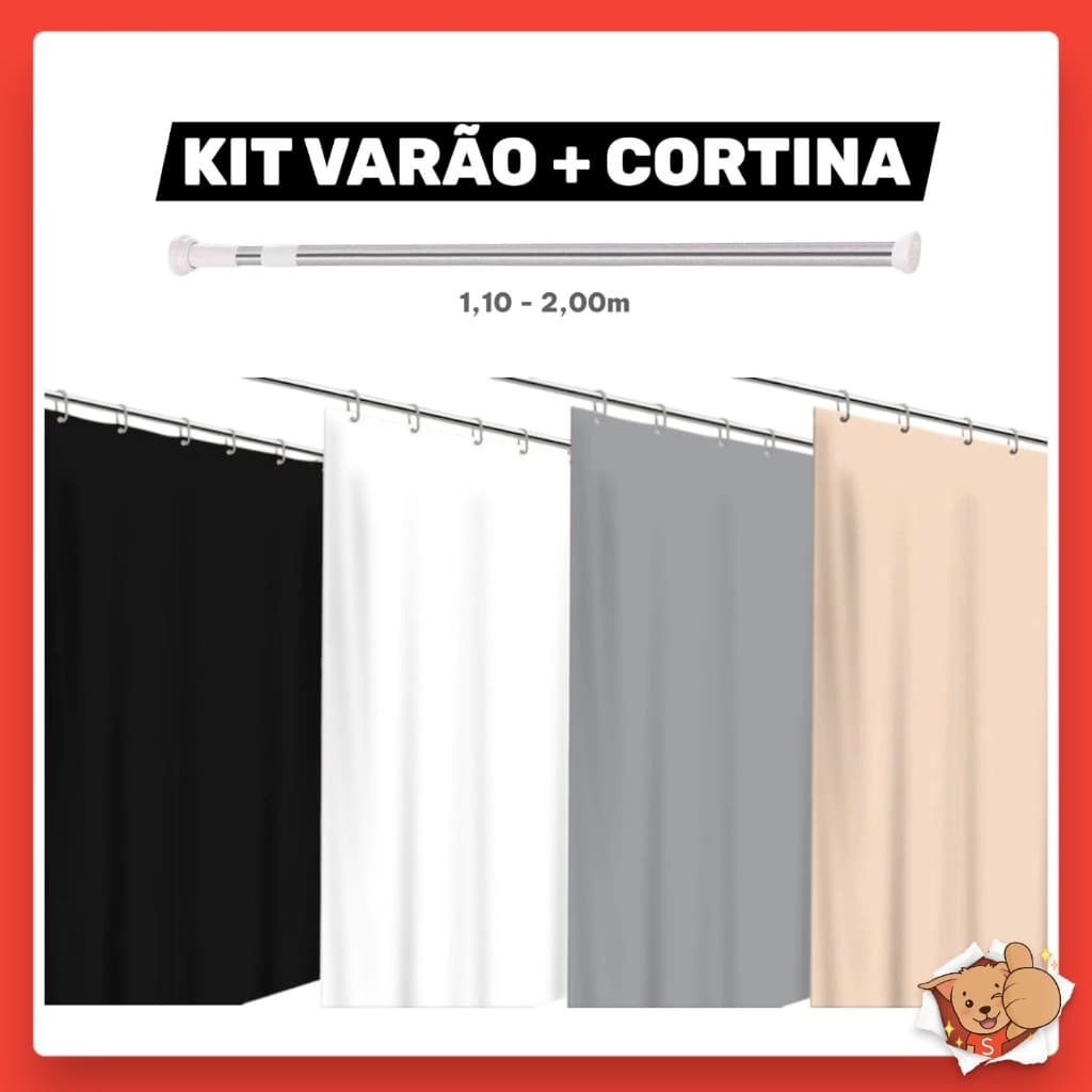 Kit Varão + Cortina para Box de Banheiro Pvc Lisa Bastão Extensível Alumínio 1,10m até 2,00m