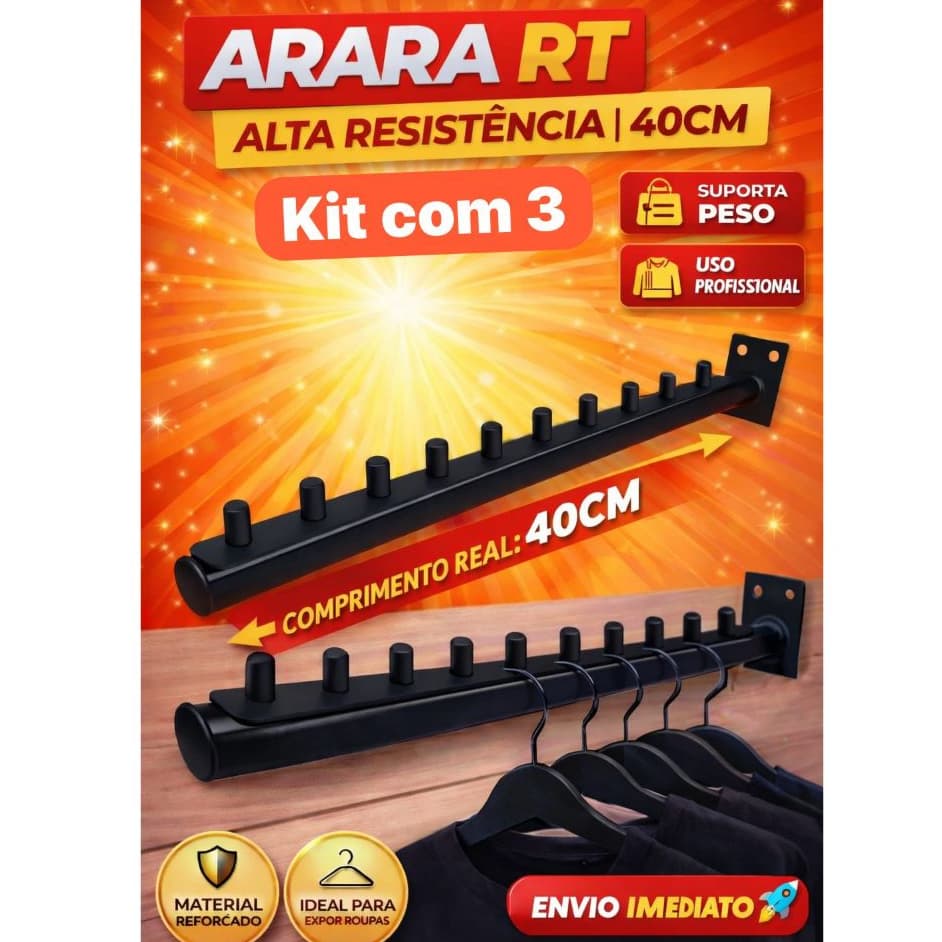 Arara Cabideiro Parede PRETO Inclinado Kit com 3