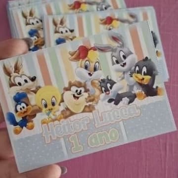 Kit Etiqueta adesiva 10x7 para maletinha, marmita,  lembrancinhas de aniversário Looney Tunes baby Adesivo Personalizado