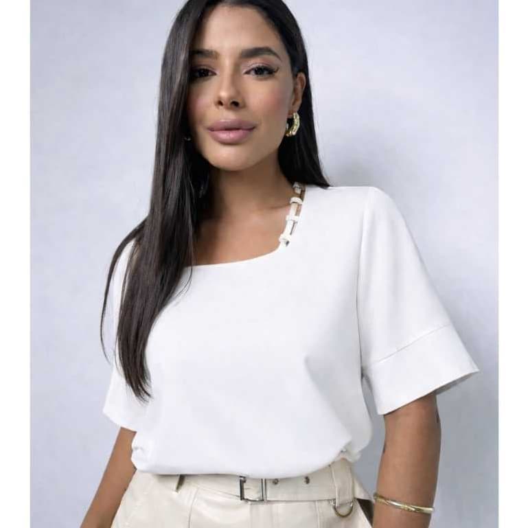 Blusa Feminina Manga Curta Viscolinho Social Casual Decote Quadrado Elegante  Leve