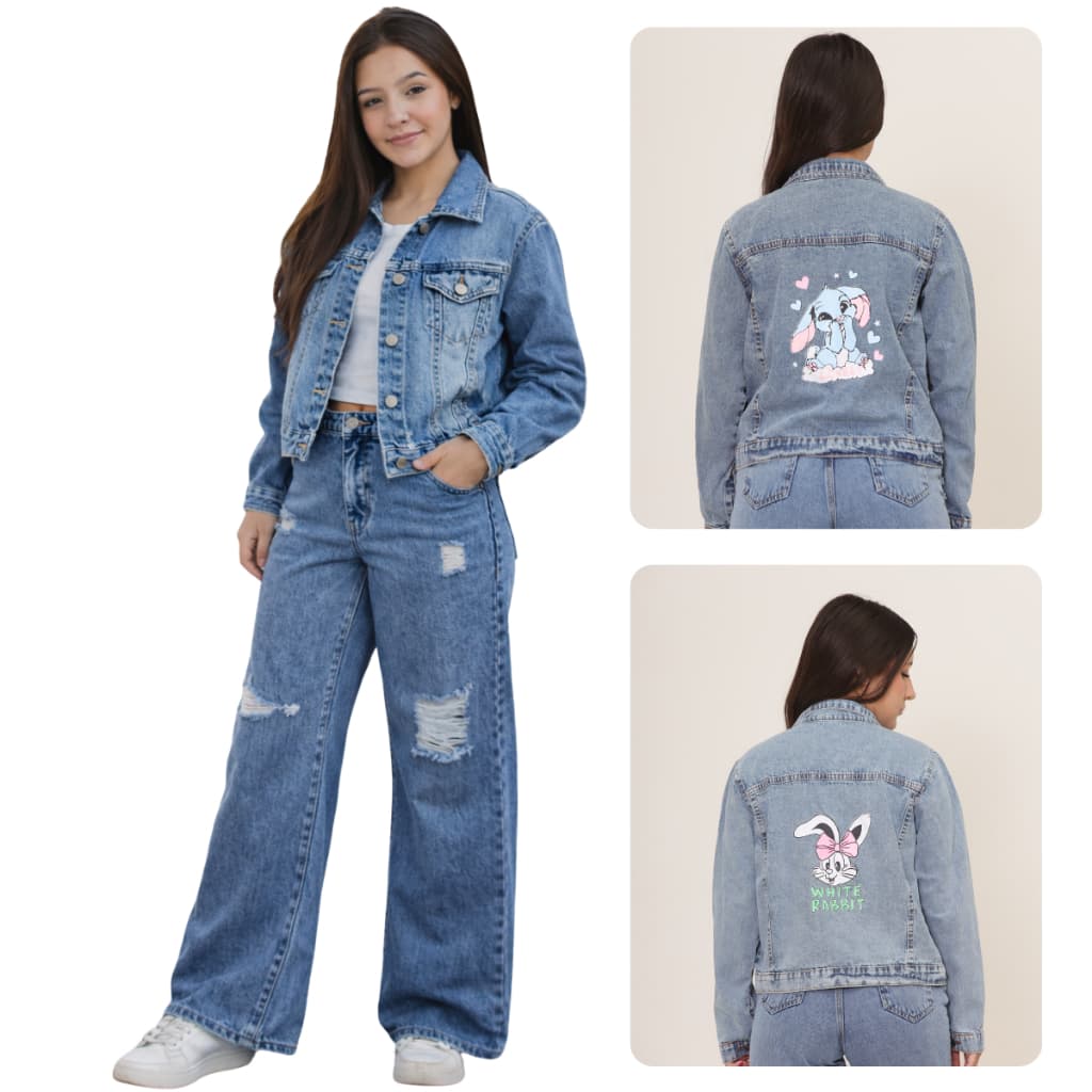Conjunto Calça Jeans Wide Leg + Jaqueta jeans Estampada Marmorizado Infantil e Juvenil