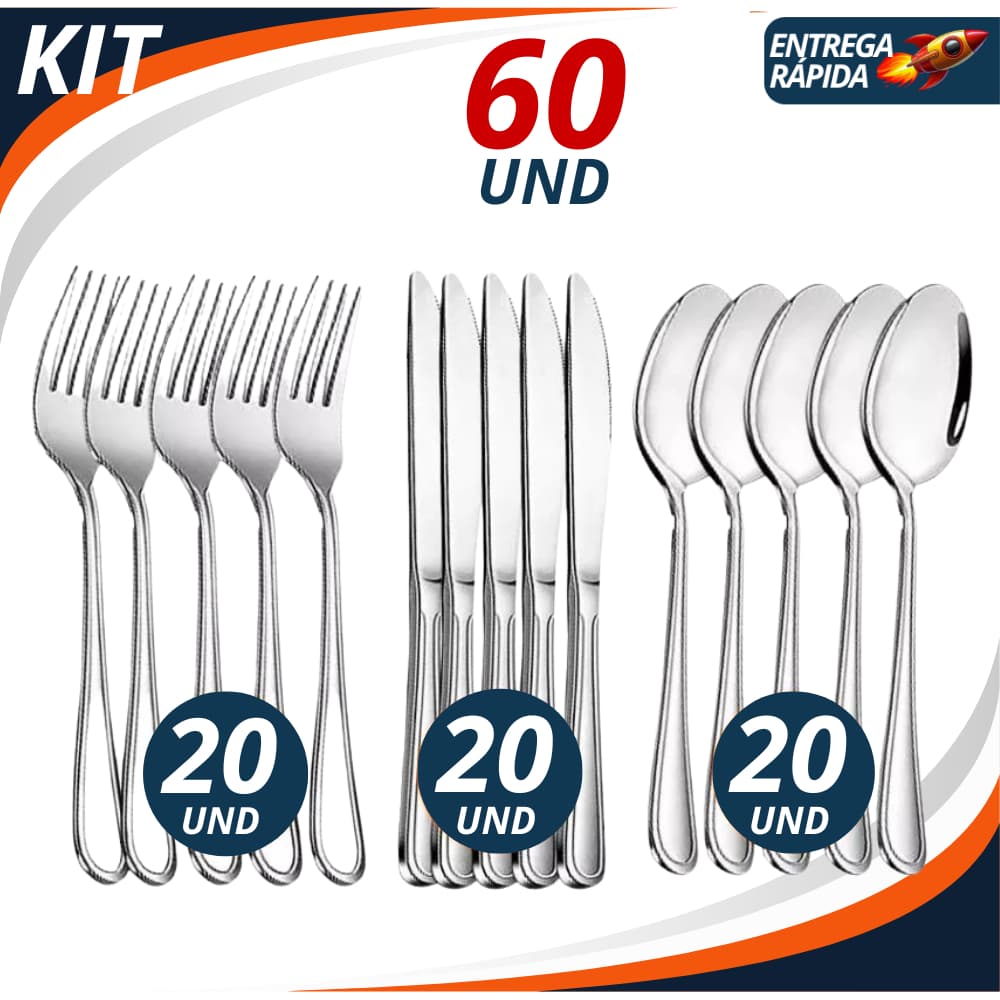 Conjunto de Talher 30/45/60 Peças Inox Premium Para Casa Cozinha Festas Restaurantes